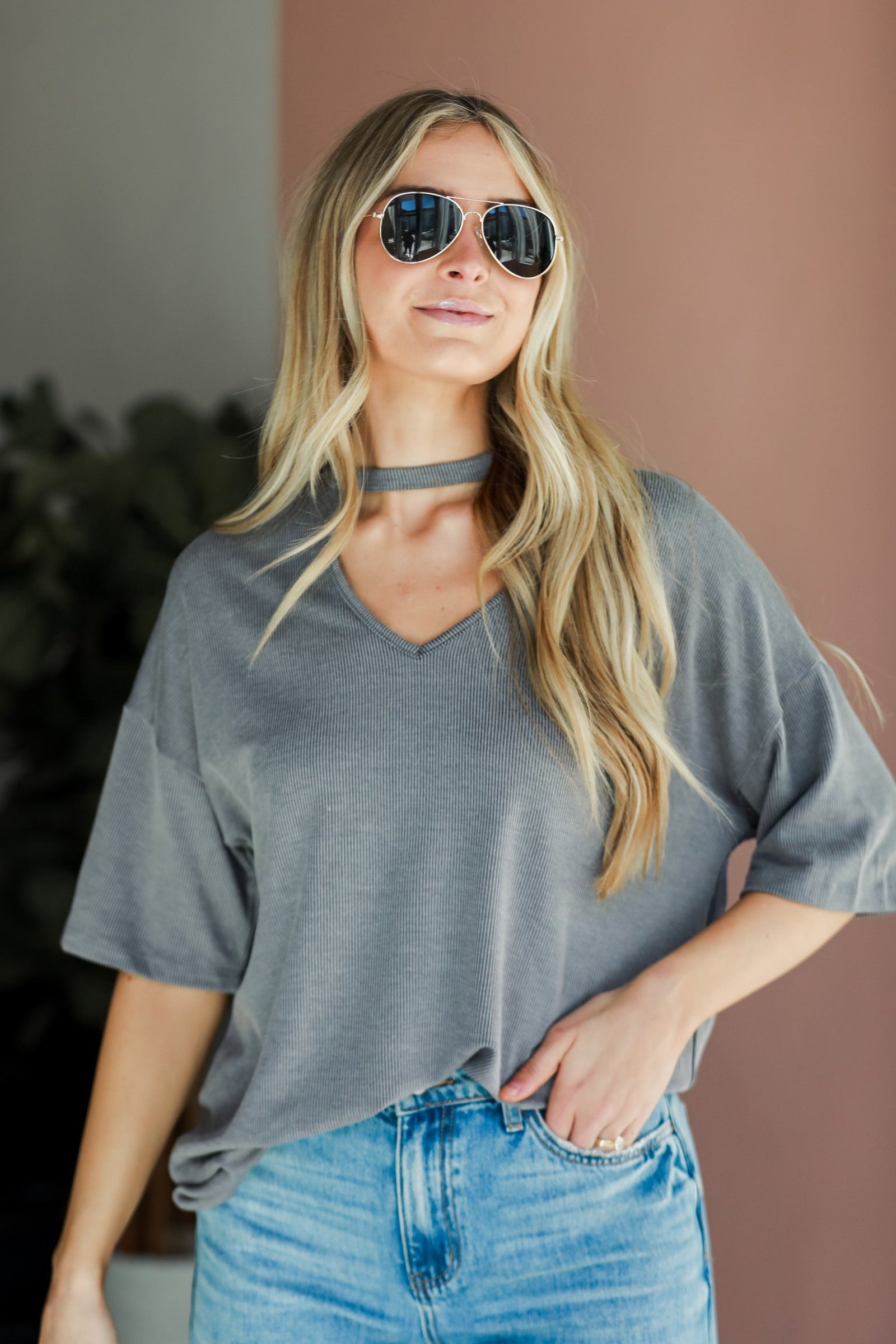 Teagan Grey Ribbed Cutout Tee AE25