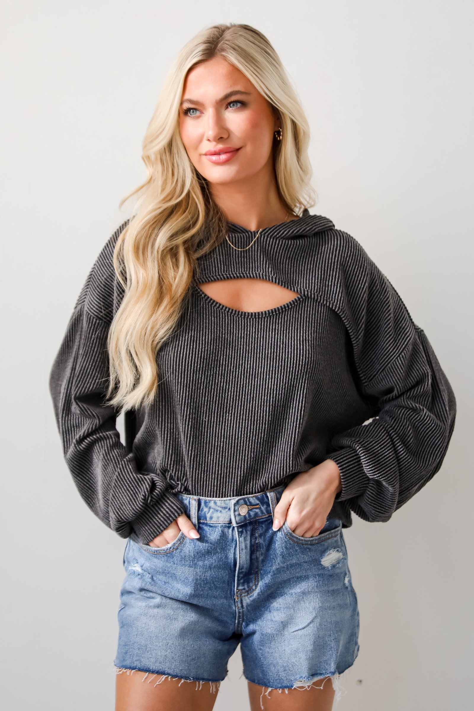 Lucky Break Charcoal Corded Cutout Cropped Hoodie AE21