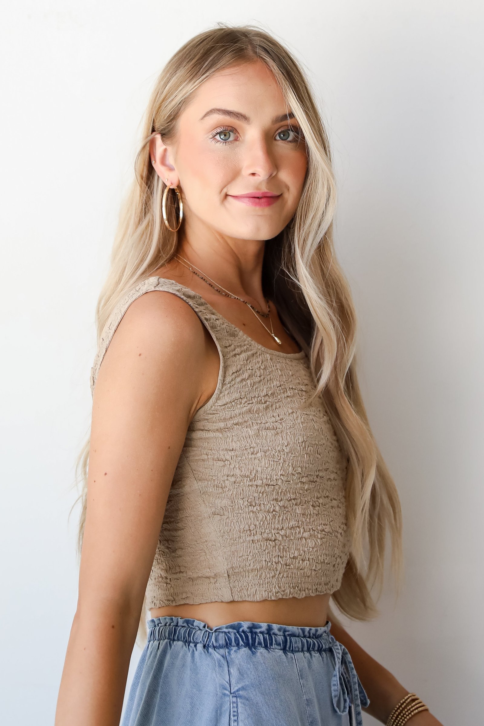 Intentionally Chic Taupe Smocked Cropped Tank AE19