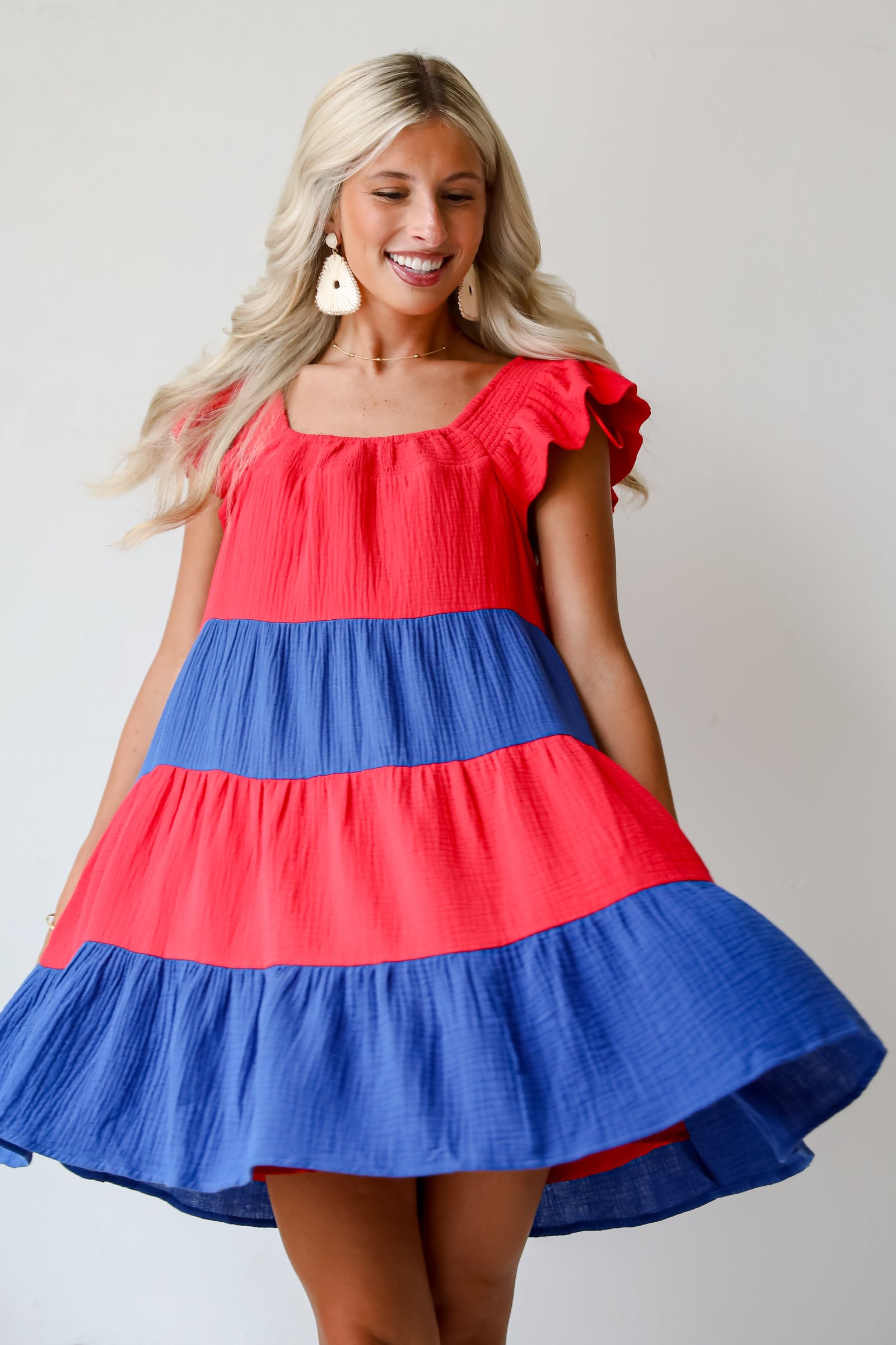 Dandy Darling Linen Tiered Color Block Mini Dress AE9